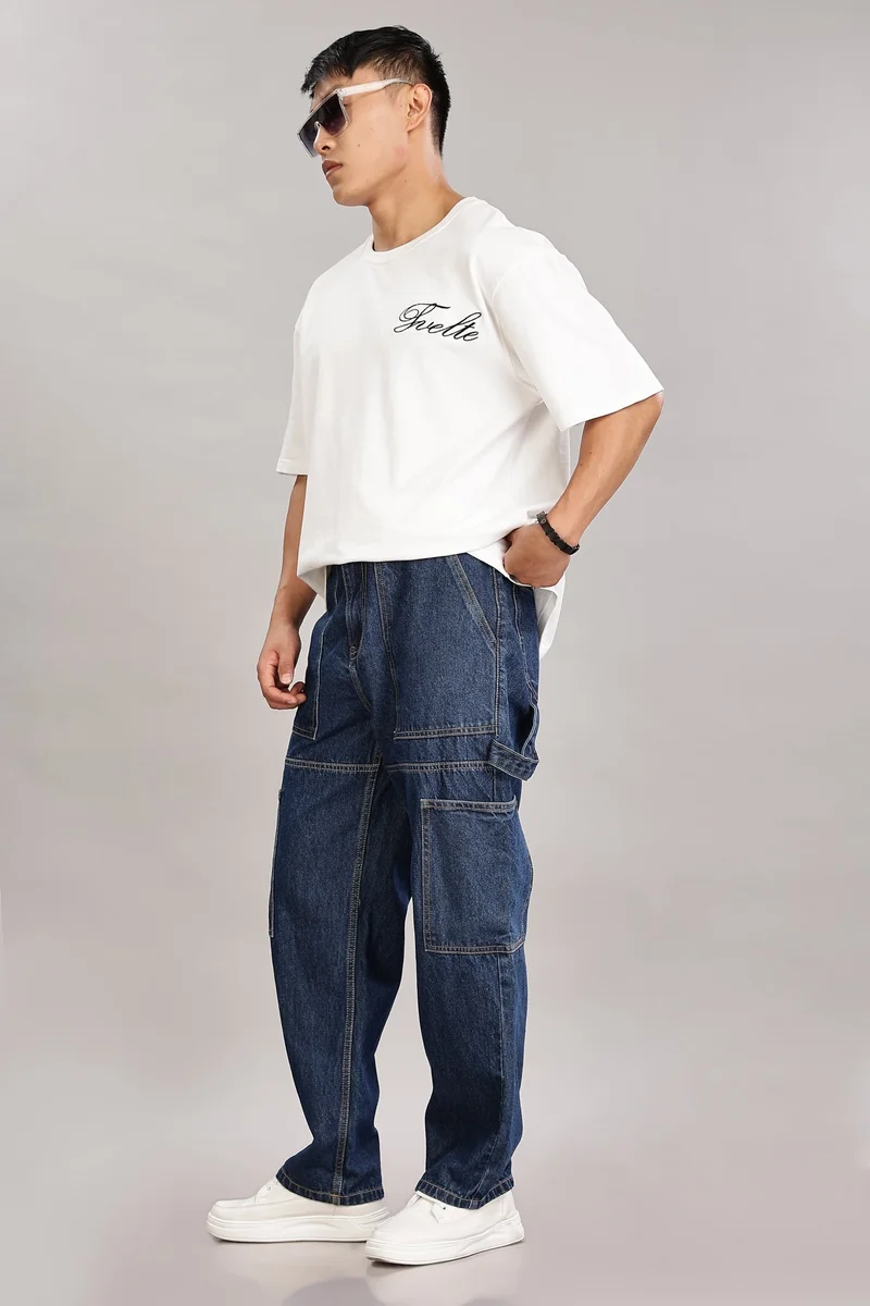 inkd Dark Knight Men's Carpenter Baggy Jeans Mid-Rise | 100% Cotton | Contrast Stitch| 6 Pocket Styling | Baggy Jeans for Man | Loose fit & Comfortable for Men | Best Price UAE